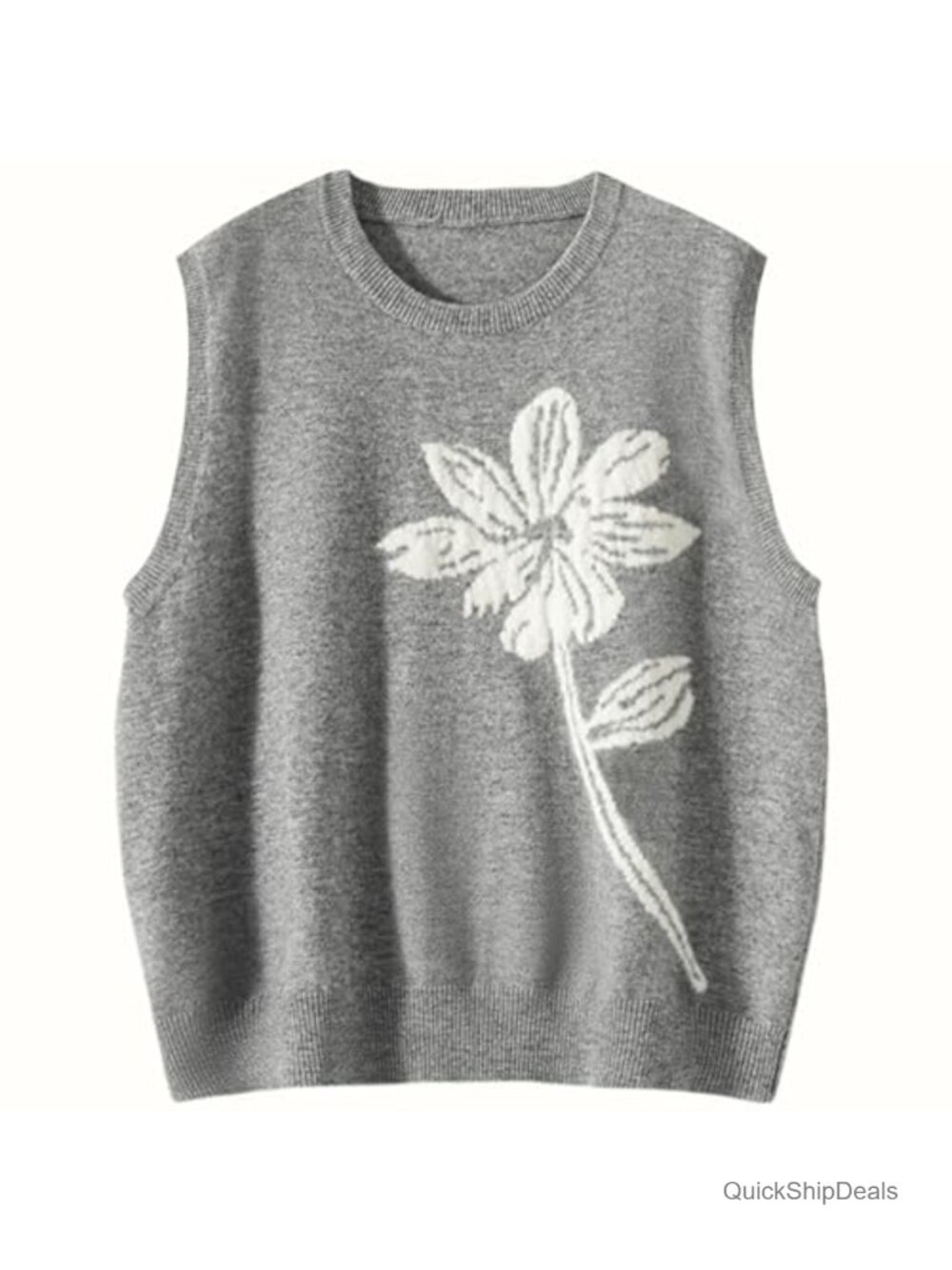Women's Sleeveless Ribbed Knit Sweater Vest Floral Embroidery Crew Neck Pullover